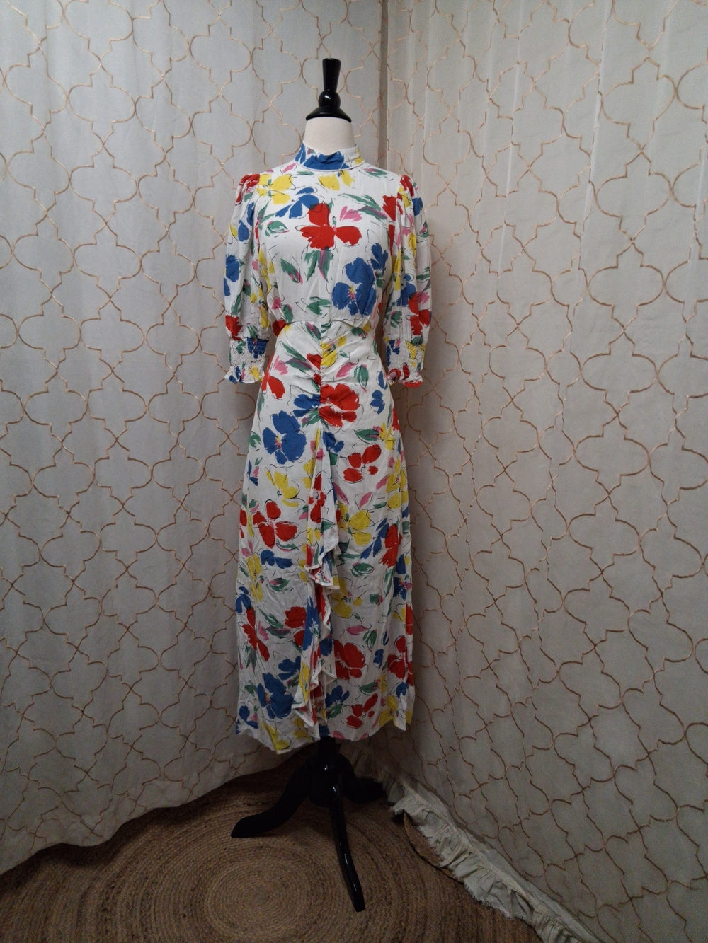 RIXO White Maxi Dress with Red, Blue & Yellow Floral Print